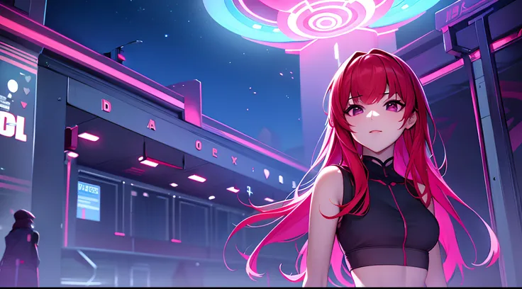 a red-haired woman in front of a building, night core, Bralette, Pokimane, inspirado em Yanjun Cheng, 16 bits, quase mostrando os peito, menina em uma loja de discos, Yanjun Chengt, 19-year-old girl, Heonhwa Choe, Inspirado em Jeonseok Lee, futurista, core...