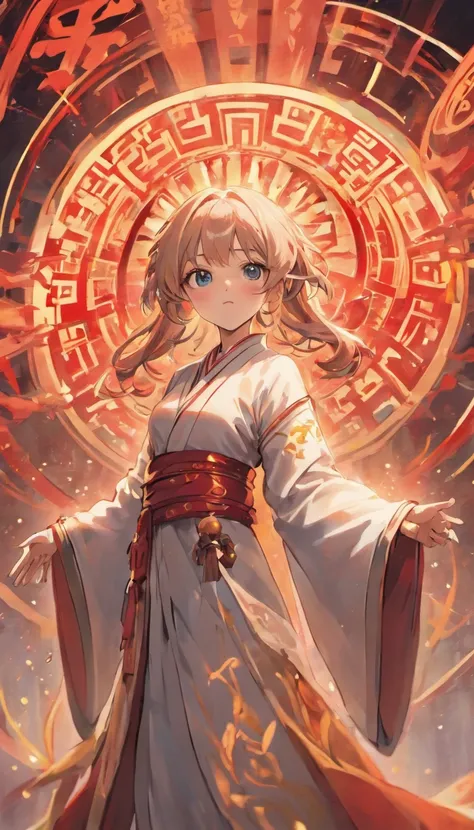 A girl in a white robe holds a red couplet, Surrounded by many red couplets, All hanging in the air，Filled with Chinese characters. Full of tension, Anime aesthetic style, hyper HD, Traditional clothing, rich details​, fantasy, 8K, elaborate faces, Beautif...