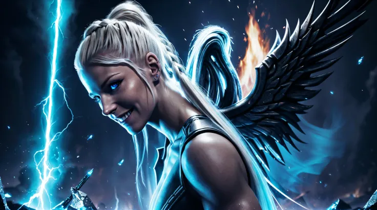 solo, (Nephalem), Avril lavigne, single french braid ponytail, elemental, demonic, divine, supernatural war, angels and demons fighting in the background, fire, ice, lightning, water, naughty smile, woman posing between her front and back, platinum blonde,...