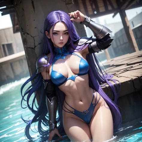 Long hair, blue, purple hair, blue skin, skimpy armor, water,sexy