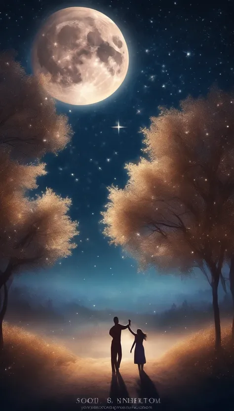 Dancing starry sky: Design a night scene with a starry sky，Among them, the stars seem to dance around the moon. Create a magical and ethereal atmosphere.