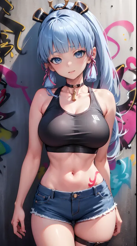 kamisato ayaka|genshin impact, master-piece, bestquality, 1girls,25 years old, oversized breasts, crop top, shorts jeans, oversized breasts, ,bara, crop top, shorts jeans, choker, (Graffiti:1.5), Splash with purple lightning pattern., arm behind back, agai...