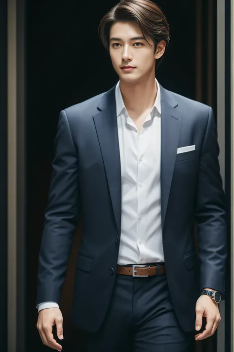 dark brown suit、　20-year-old refreshingly handsome new employee、　（Super cool S-class guy in a suit）、　Japan boys at 20 years old、　businessman、　Ultra-luxury suits、　s Office、　Stand in a suitＳYoung handsome man、　Full body photo、　（Highly detailed photos of CG U...