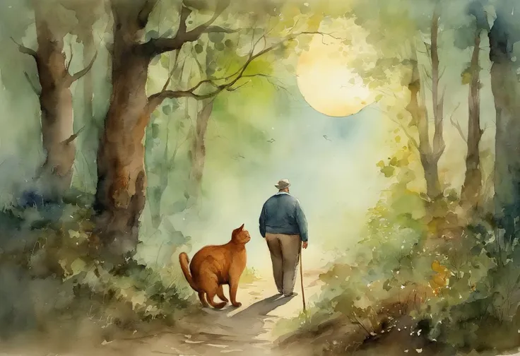 masterpiece, best quality, a fat cat with middle aged man in forest, moon, morning