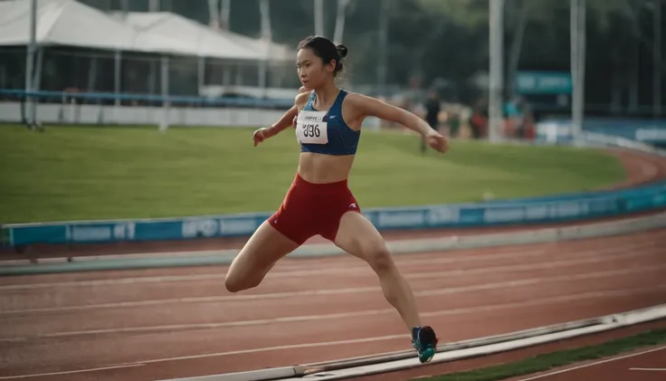 35mm humanistic lens，Sports girl，Starting position，running track，detailedbackground，Asian Games，Full body like，Smudge，Accurate facial features，dynamic blur，super-fine，ultra - detailed，high qulity，8K ，oc rendered，dynamic viewing angle，Hyper Real，Ultra photo...