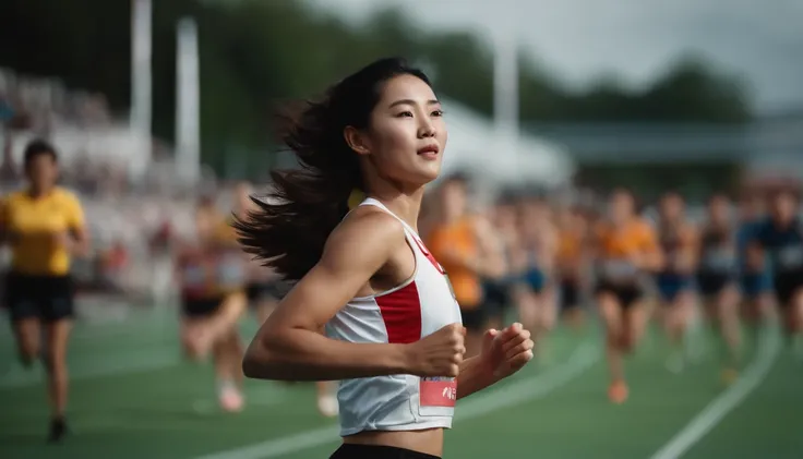 35mm humanistic lens，Sports girl，Starting position，running track，detailedbackground，Asian Games，Full body like，Smudge，Accurate facial features，dynamic blur，super-fine，ultra - detailed，high qulity，8K ，oc rendered，dynamic viewing angle，Hyper Real，Ultra photo...