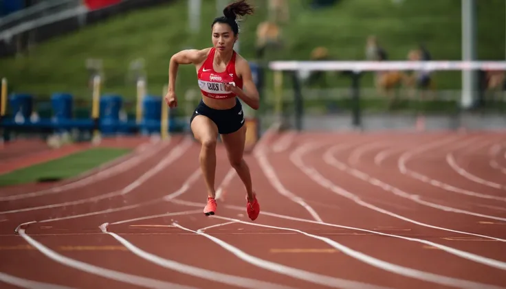 35mm humanistic lens，Sports girl，Starting position，running track，detailedbackground，Asian Games，Full body like，Smudge，Accurate facial features，dynamic blur，super-fine，ultra - detailed，high qulity，8K ，oc rendered，dynamic viewing angle，Hyper Real，Ultra photo...