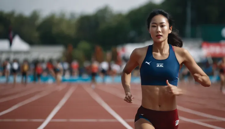 35mm humanistic lens，Sports girl，Starting position，running track，detailedbackground，Asian Games，Full body like，Smudge，Accurate facial features，dynamic blur，super-fine，ultra - detailed，high qulity，8K ，oc rendered，dynamic viewing angle，Hyper Real，Ultra photo...