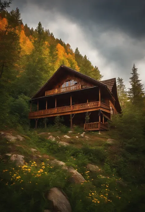 Wooden house in the forest. Etrafta kurt, ceylan.