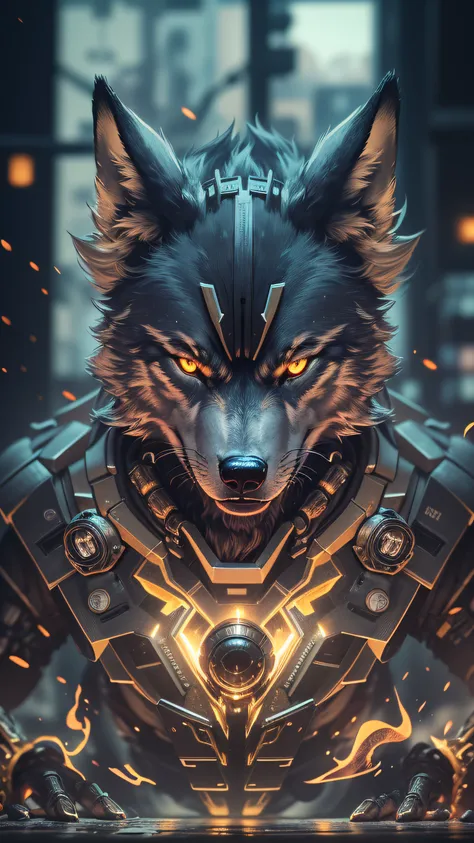 top-quality, Dramatic Lighting, menacing pose, fierce look, epic atmosphere, (((Helmet in the shape of a wolfs head))), (((Full body shot))),Metal Wolf, cyborgs, Cyberpunk style, Clockwork, ((Intricate details)), nffsw, ((Intricate details, hyperdetails)),...