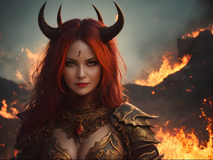 Beautiful mature female demon, horns, tail, cruel smile, red skin, sexy fetish armor, menacing gaze, red eyes, wreathed in fire, (fiery eyes:1.2), temptation, taking your soul, hellscape background, tortured souls, hordes of hell in the distance, (masterpi...