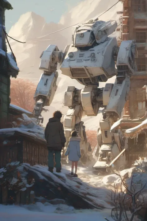 very detailed, high quality, old weathered ruined white snow mech, detailed small humans, detailed beautiful background, sunrays, studio ghibli art style