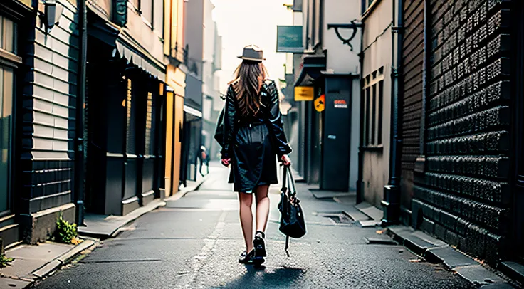 best qualtiy，8K，Back shadow，woman，A half body，Background street