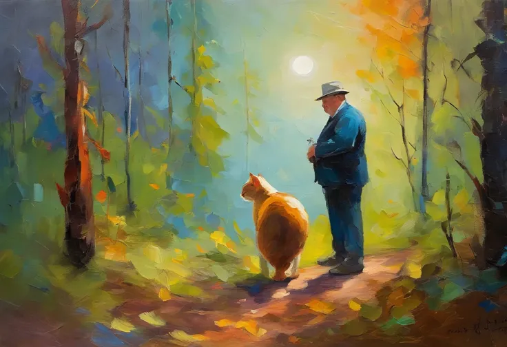 masterpiece, best quality, a fat cat with middle aged man in forest, moon, morning