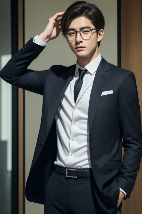 dark brown suit、　20-year-old refreshingly handsome new employee、　（Super cool S-class guy in a suit）、　eye glass、　Japan boys at 20 years old、　businessman、　Ultra-luxury suits、　s Office、　Stand in a suitＳYoung handsome man、　Full body photo、　（Highly detailed pho...