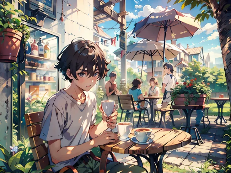 1boy,11 only、(Mans :2),(bobhair:1.5)、A dark-haired、Tank tops、cafes、Trees、Sunlight、Clouds,Natural lighting、hightquality、masutepiece,8K,hight resolution、