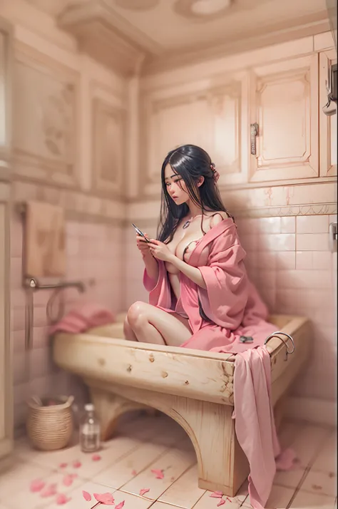 Different mood japanse woman with very long hair, showing clevage, clutched in milk pink towel, wide angle in a white vintage bathroom, perfect anatomy, illustrative, painterly, detailed, UHD drawing, pen and ink, perfect composition, beautiful detailed in...