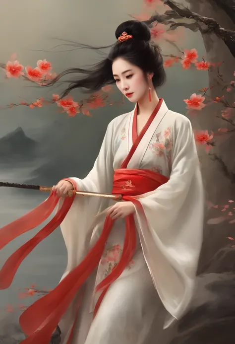 A girl in a robe，The robe flutters in the wind，Sword in hand，Chinese painting style