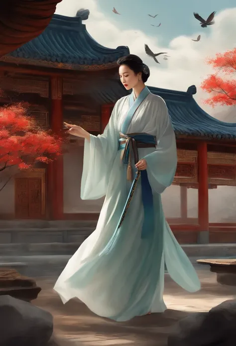 A girl in a robe，The robe flutters in the wind，Sword in hand，Chinese painting style