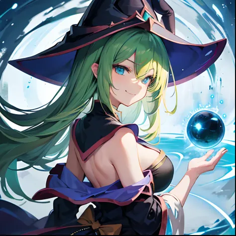 Dark Magician Girl、MKSKS style、1 persons、(highly detailed back ground:1.0)、(highly detailed back ground:1.0)、​masterpiece、top-quality、超A high resolution、in 8K、full shot、From an angle、(1/2 emerald green and 1/2 light yellow hair)、BREAK、Detailed skin、glowy s...