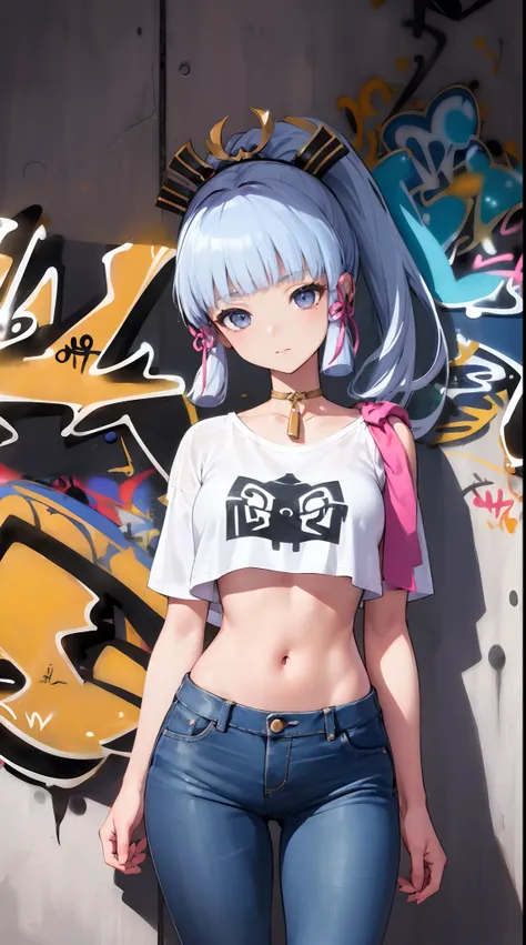 kamisato ayaka|genshin impact, master-piece, bestquality, 1girls,25 years old, proportional body, elongated legs, Beautiful, proportional., crop top, Long Jeans, mediuml breasts, ,bara, crop top, choker, (Graffiti:1.5), Splash with purple lightning pattern...