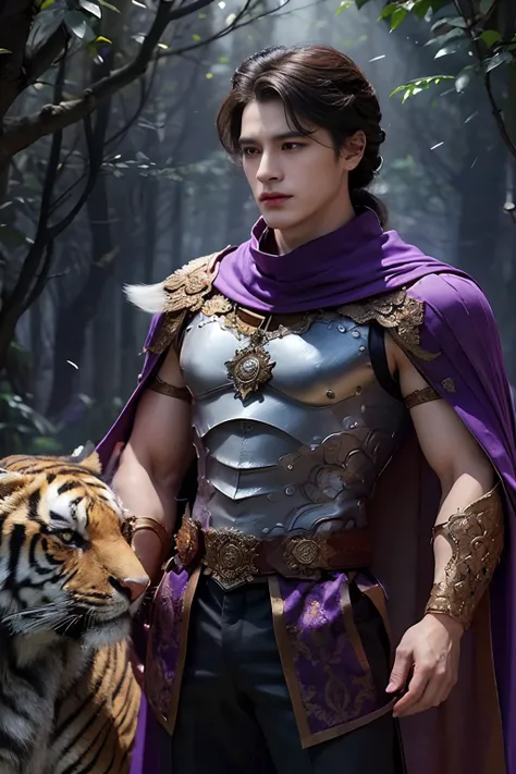 (1male) , young adult male, God of Saturn, Stand near a big tiger...........,(Big tiger), Looks solid....,In front of the cave in the big forest (Updo Dark Purple:1.2),(Medium Full Shot) Wear platinum armor......, (Grey leather inner jacket)(Purple Armor 1...