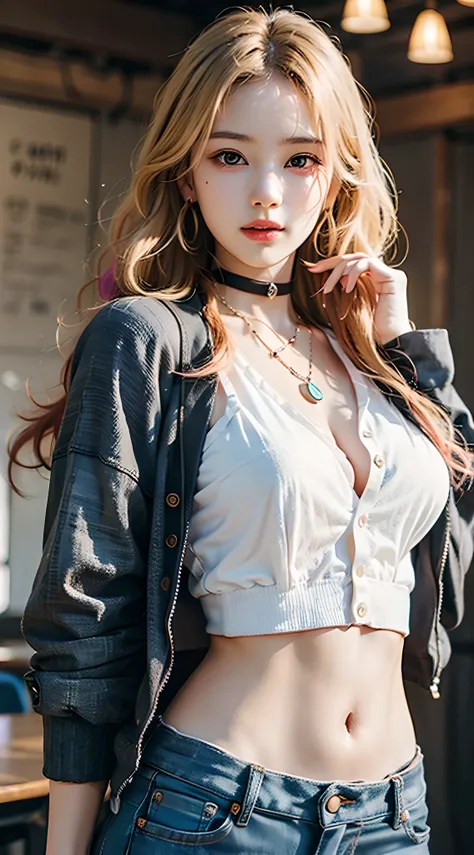 Kitagawa Marin, 1girl, blonde hair, long hair, multicolored hair, red eyes, jewelry, necklace, choker, beautiful, beautiful woman, perfect body, perfect breasts, wearing a white shirt, black cardigan, long jeans, handbag, wearing a watch , wearing earrings...