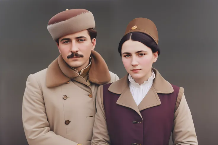 There is a woman and a man, dressed in antique clothes, Wearing Russian clothes from the 1st World War, a colorized photo, a colorized photo, a colorized photo, colored photo, old color photo, Restored color, colorized, A restored photo, The Young Tsar, vi...