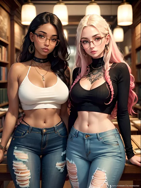 Two Gorgeous artsy women, long flowing thick natural hair, dressed in  knit sweaters and ripped jeans pants, jewelry, tattoos, indie punk aesthetic, beautiful athletic body, hips, lovely lively expressive eyes, painting in a library in autumn, lovely color...