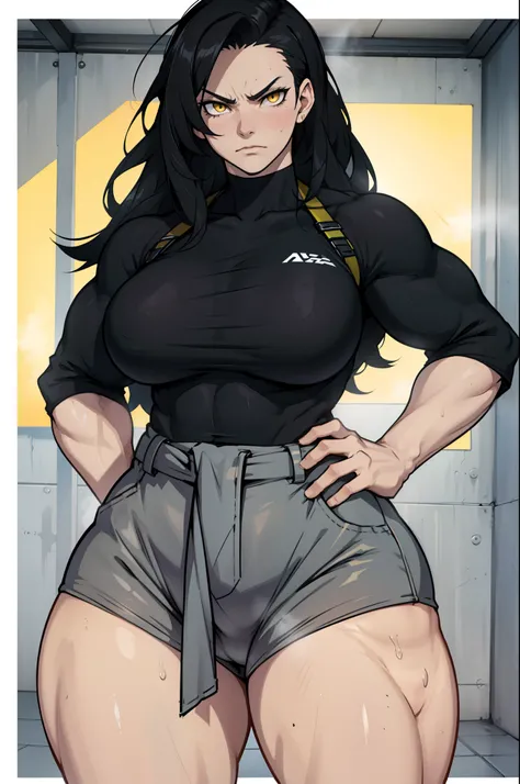 black hair, yellow eyes, solo, sweaty, shiny skin, angry, pale skin, (((muscular, 1girl))), thick thighs, huge breasts, wide hips, thin waist, casual clothes, very long hair