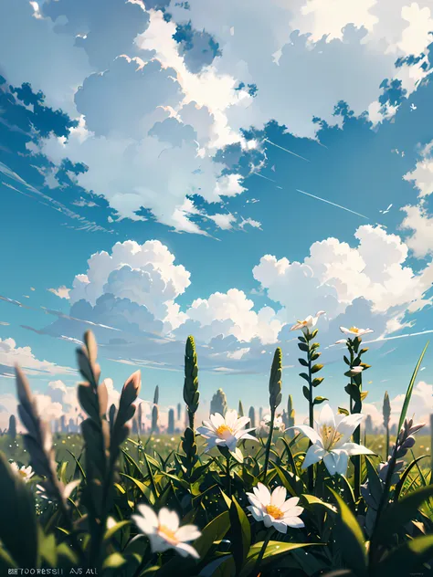 Summer Wallpaper, Grass, Few Flowers, Big Clouds, Blue Sky, Hot Weather, HD Detail, Moist Watermark, Ultra Detail, Film, Hyper Realism, Soft Light, Deep Focus Bokeh, Ray Tracing, and Hyper Realism. --v6