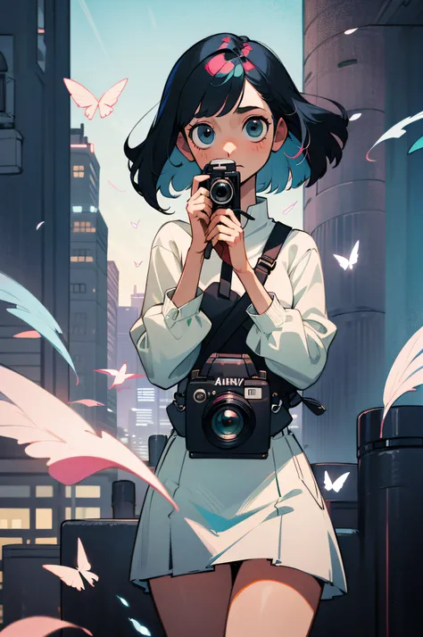 Casually dressed woman holding camera with both hands、Her hairstyle is short bob and the color is black、Location is a city、deadpan、Hair is fluttering in the wind