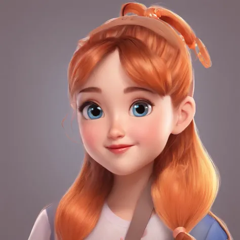 There is one with a ponytail，Little girl with orange hair, lovely digital painting, adorable digital art, Cute detailed digital art, Realistic cute girl painting, Cute cartoon character, Kawaii realistic portrait, Cute cartoon, Young and cute face, cute po...