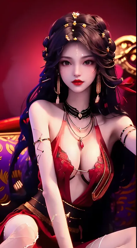 1 beautiful and sexy 20 year old girl, ((wearing a super thin red dress:1.6)), dress with diamonds, ((long purple-black hair:1.6)), bangs, elaborate jewelry made from stones noble and beautiful hair, ((wearing a black lace necklace:1.4))), noble, noble sty...