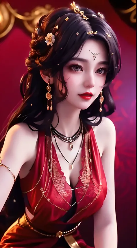 1 beautiful and sexy 20 year old girl, ((wearing a super thin red dress:1.6)), dress with diamonds, ((long purple-black hair:1.6)), bangs, elaborate jewelry made from stones noble and beautiful hair, ((wearing a black lace necklace:1.4))), noble, noble sty...