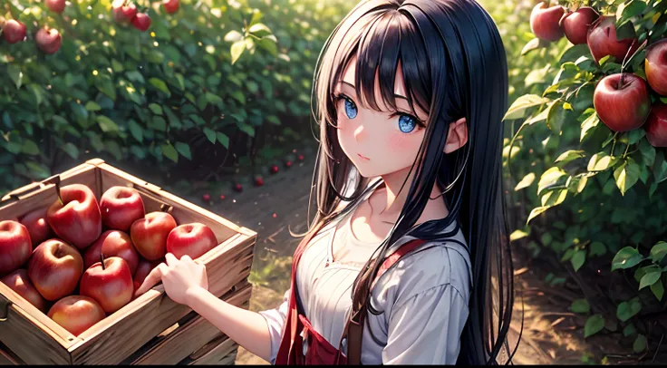 blue eyes black hair girl with a close up of a wooden crate filled with red apples, apples on the ground, picking apples from a tree, standing in an apple orchard, idyllic and fruitful land, shutterstock, apple trees, red apples, apples