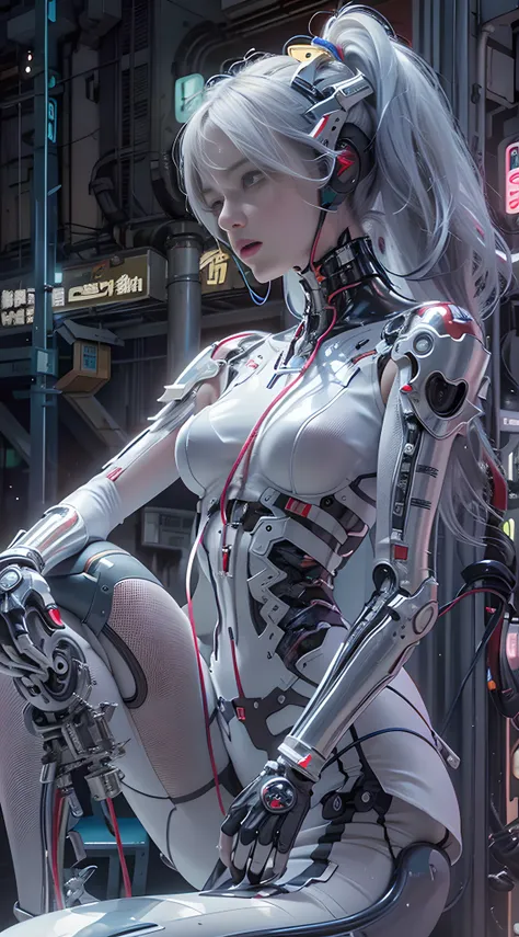 of the highest quality, masutepiece, 超高分辨率, ((Photorealistic: 1.4), RAW photo, 1 Cyberpunk Girl, Glossy glossy skin, 1 mechanical girl, (Super realistic details)), Mechanical limbs, Tubes attached to mechanical parts, Mechanical vertebrae attached to the s...