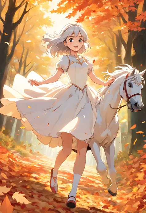 (8K, 16 K, awardwinning, Highest Quality, High resolution, Super Detail, Textured skin, Anatomically correct, Photorealistic, Raw photography, masutepiece: 1.3), (Princess in white dress on white horse :1.3), Hakuba running through the forest of autumn lea...