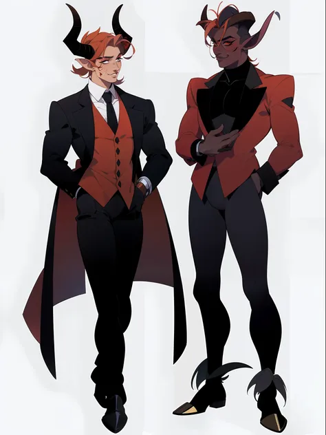 ((1male)) character concept adopt, male ,handsome , tiefling, horns, strict suit and shirt, red skin, make-up., fullbody