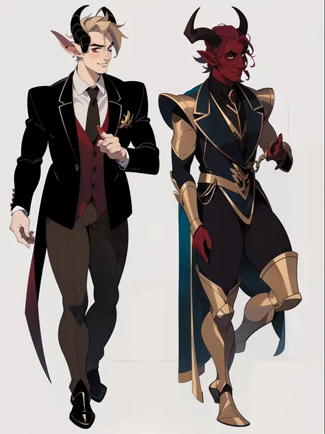 ((1male)) character concept adopt, male ,handsome , tiefling, horns, strict suit and shirt, red skin, make-up., fullbody