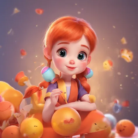 There is one with a ponytail，Little girl with orange hair, lovely digital painting, adorable digital art, Cute detailed digital art, Realistic cute girl painting, Cute cartoon character, Kawaii realistic portrait, Cute cartoon, Young and cute face, cute po...