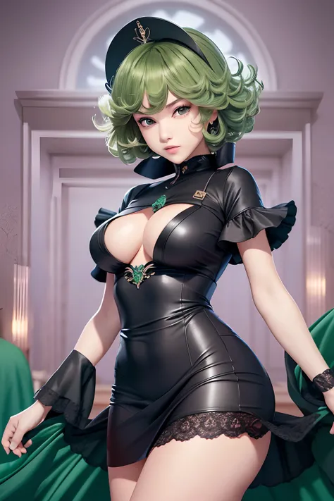 Tatsumaki, 1girl, solamente, ojos verdes, cabello verde, senos, small breasts, nipple protrusion: 2.0, rizado, vestido negro, Mira el visor, Ombligo cubierto, Fondo simple, manga larga, vestido, Muslos, boca cerrada, pierna alta, Cabello invertido, sonroja...