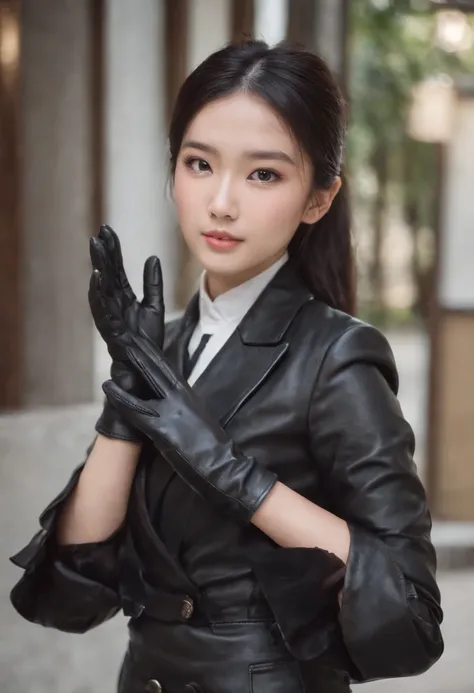 Black leather gloves in both hands, blazer and ribbon uniform, black hair ponytail, upper body, cute Japanese girl (black leather gloves covering both hands), traveling alone, eating rice balls with both hands of black leather gloves