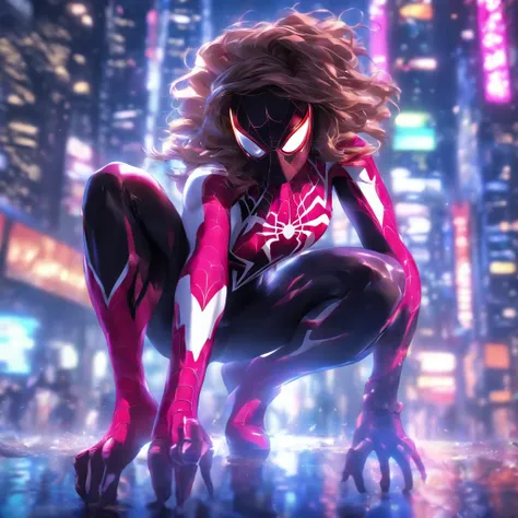 (best quality,4k,8k,highres,masterpiece:1.2),ultra-detailed,(realistic,photorealistic,photo-realistic:1.37),Spider-woman,wearing bodysuit,pink and white bodysuit,hoodie,crouching on top building,portraits,colorful,nighttime lighting