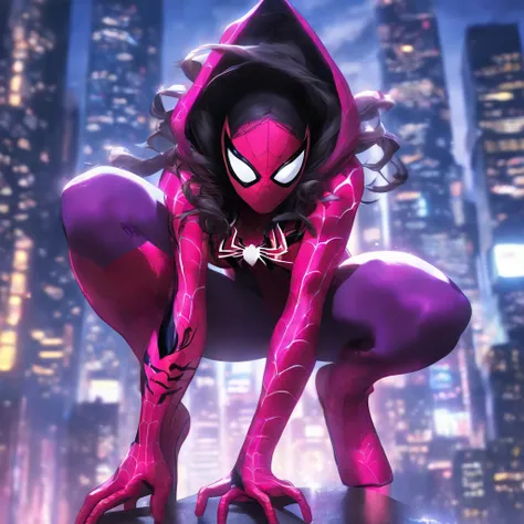 (best quality,4k,8k,highres,masterpiece:1.2),ultra-detailed,(realistic,photorealistic,photo-realistic:1.37),Spider-woman,wearing bodysuit,pink and white bodysuit,hoodie,crouching on top building,portraits,colorful,nighttime lighting, no mask