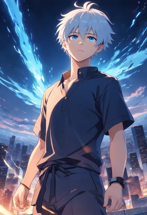 Satoru Gojo, jujutsu kaisen, anime big breast, 1 young man, Skysky, Float, From above, Amazing, Focused, Blue light, Blue eyes, White hair, Black shirt, at the battlefield, Powerful aura of magic, Depth of field.