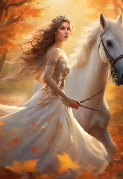 (8K, 16K, Award Winning, Top Quality, High Definition, Super Detailed, Textured Skin, Anatomically Correct, Photorealistic, Live Photography, Mastepiece: 1.3), (In a Dress on a White Horse Princess: 1.3), white horse running in the forest, autumn leaves, d...