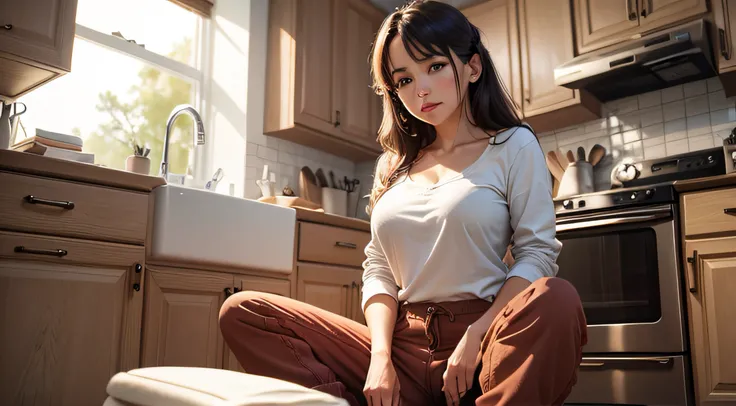 woman sitting on top of her kitchens sink, with her pants and panties down