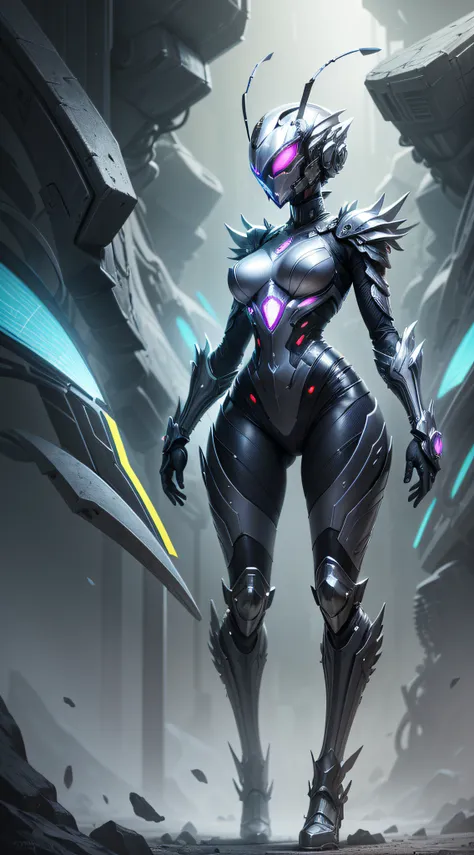 A sleek, technologically advanced female warrior stands before us, dressed in a gleaming suit of armor that seems to mimic the intricate exoskeleton of an ant. Her closed helmet, resembling the head of an ant, adds an air of mystery to her appearance. The ...