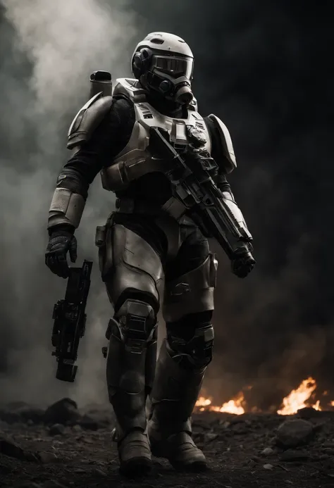 This is a CG portrait with a black background, A futuristic soldier wearing off-white power armor in a sci-fi style and a power armored soldier armed with a Gauss rifle. Be bold all over, Flames burned behind his back and behind his feet. Light and shadow ...